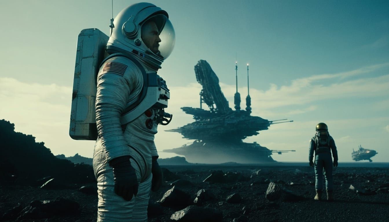 Astronaut Gazes at Crashed Spaceships on Alien Planet