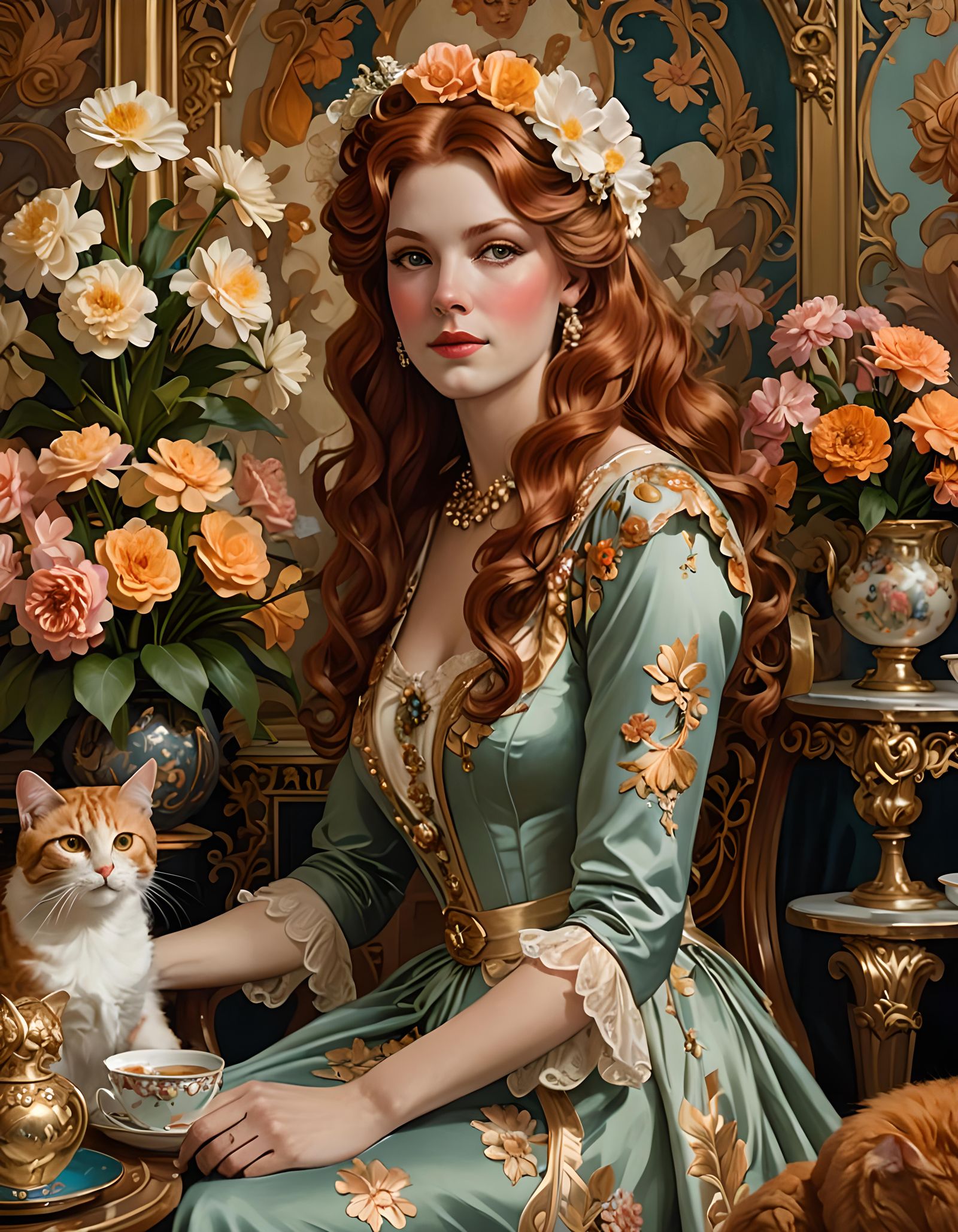 Rococo-inspired artwork closeup of full-body portrait of a beautiful happy auburn haired woman resembling a famous movie...