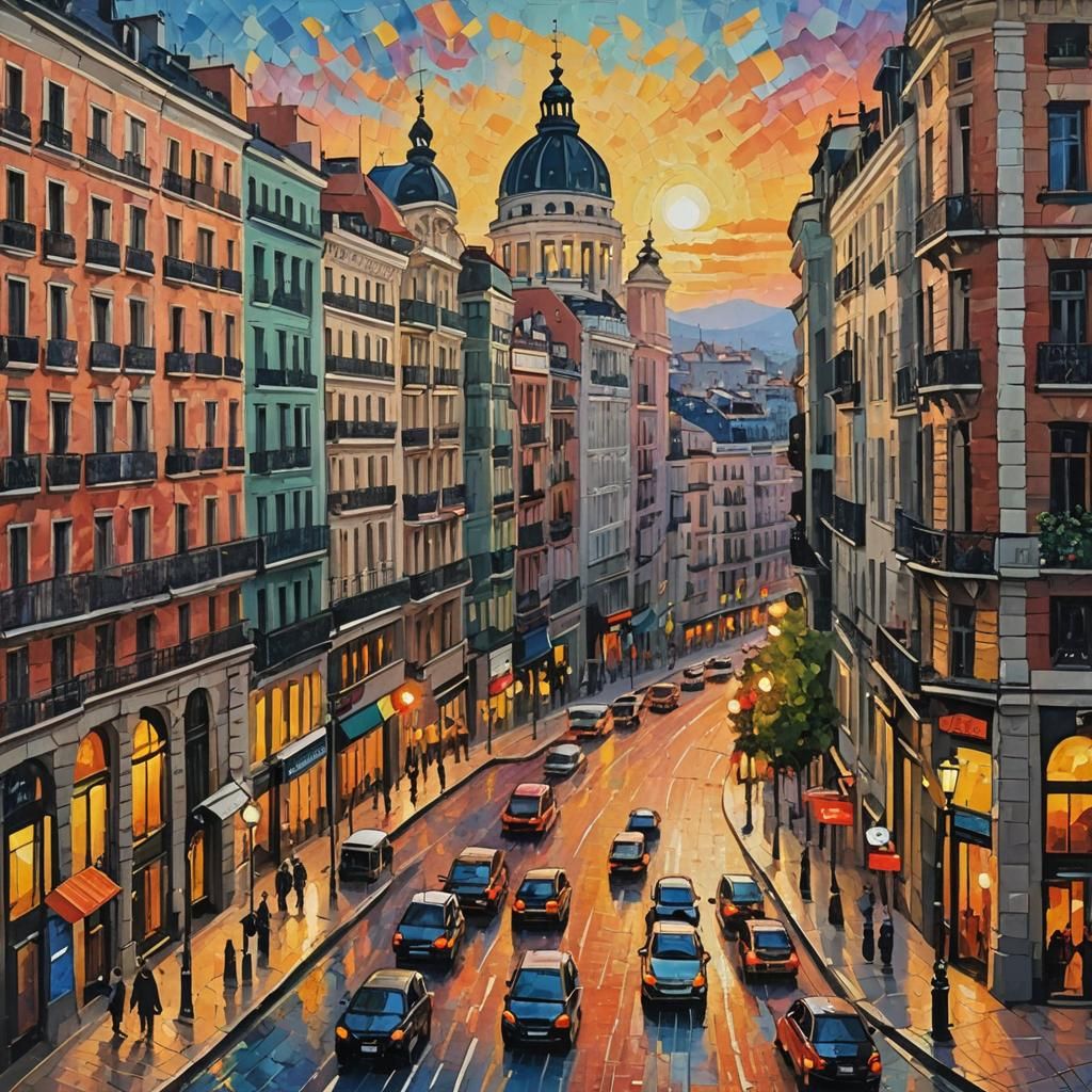 Madrid's Gran Via at Sunset: Neo-Impressionist Oil Painting