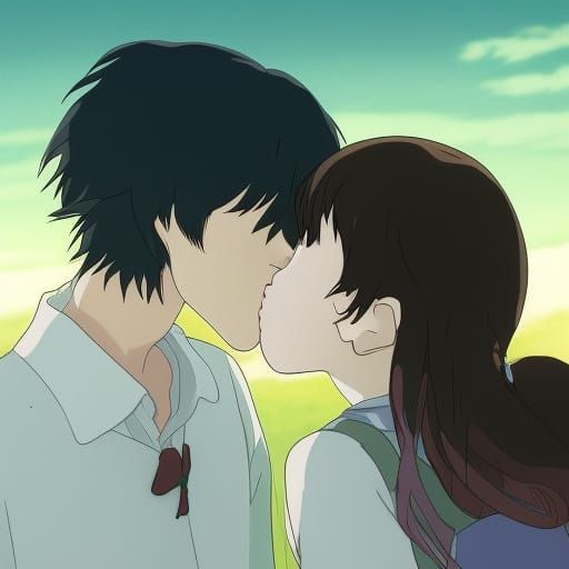 Two Cute Girls Kissing in Anime Style
