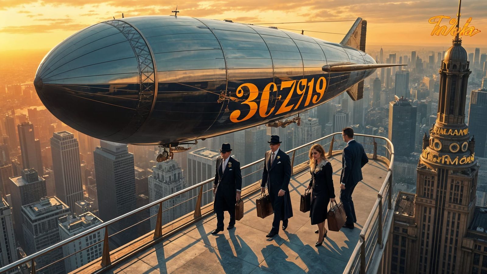 Luxurious Airship Arrives in Grand Art Deco City