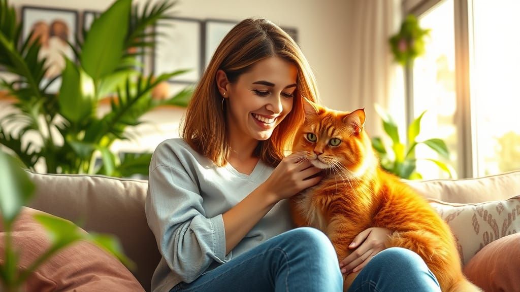 Woman Petting Fluffy Ginger Cat in Sunlit Living Room