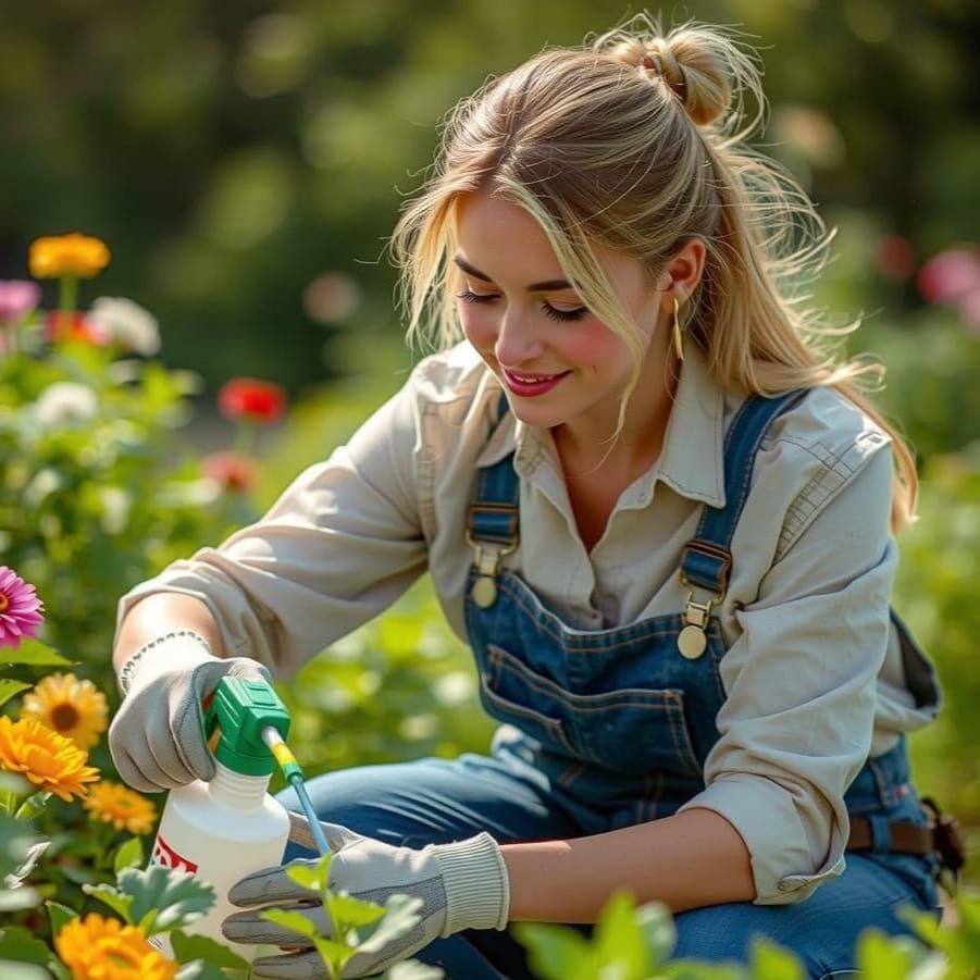 Cute Blonde Woman Tending Garden with Care
