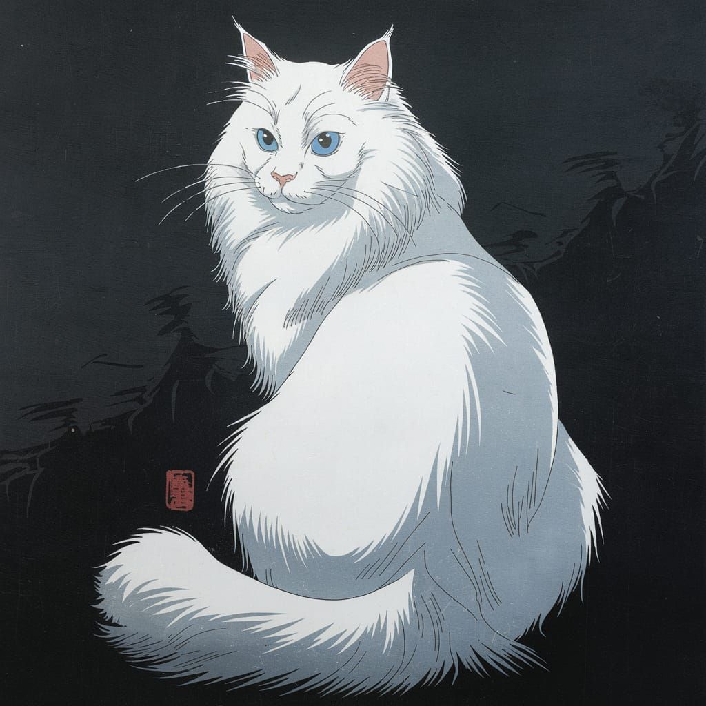 Angora Cat in Japanese Woodblock Print Style