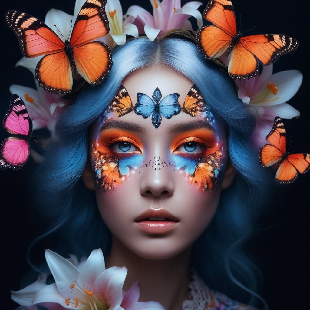 Surreal Woman with Butterfly Face Art and Lily Crown