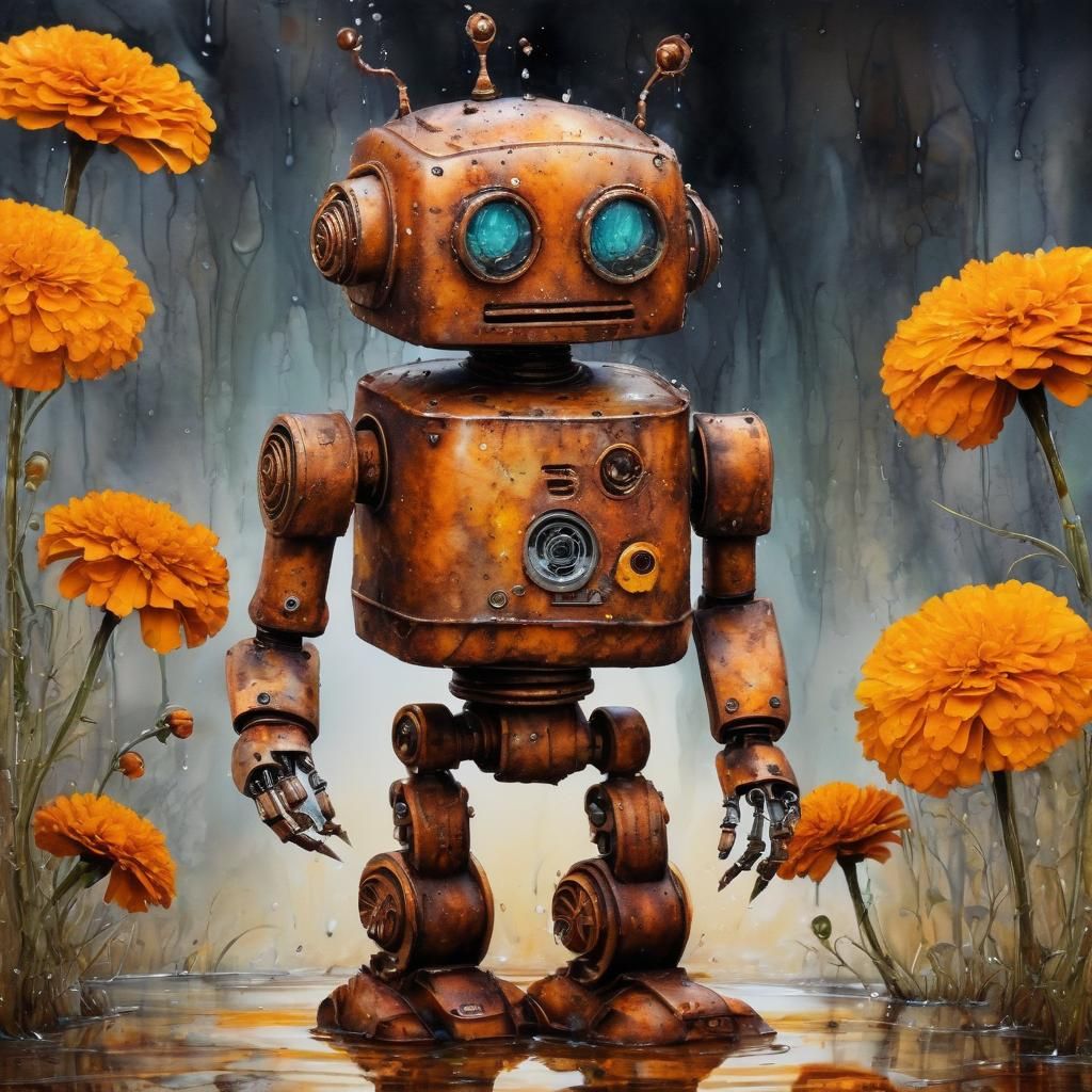Cute Rusty Robot with Marigolds, Alcohol Ink Style