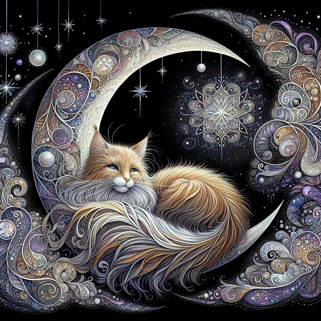 Long-Haired Kitty in Whimsical Moonlit Scene