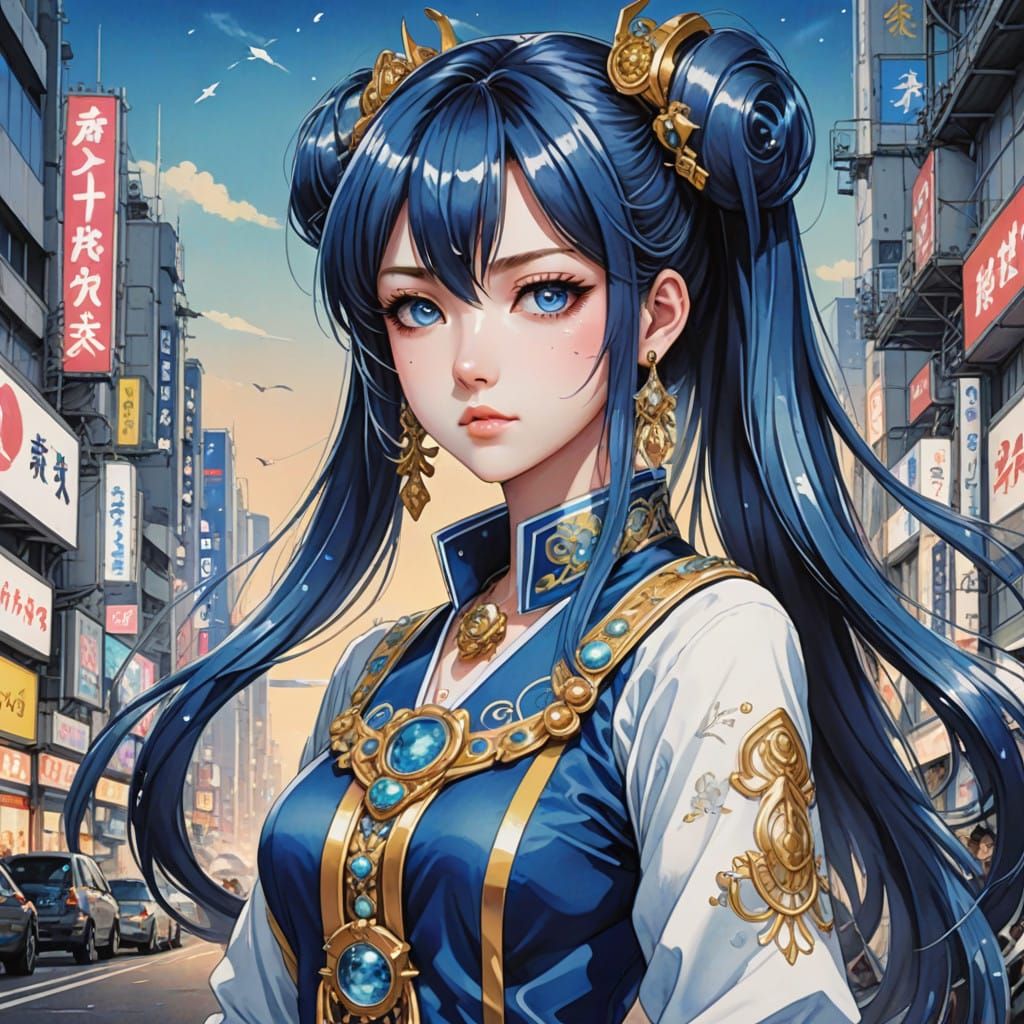 Elegant Anime Goddess in Pastel Hues and Vibrant Patterns