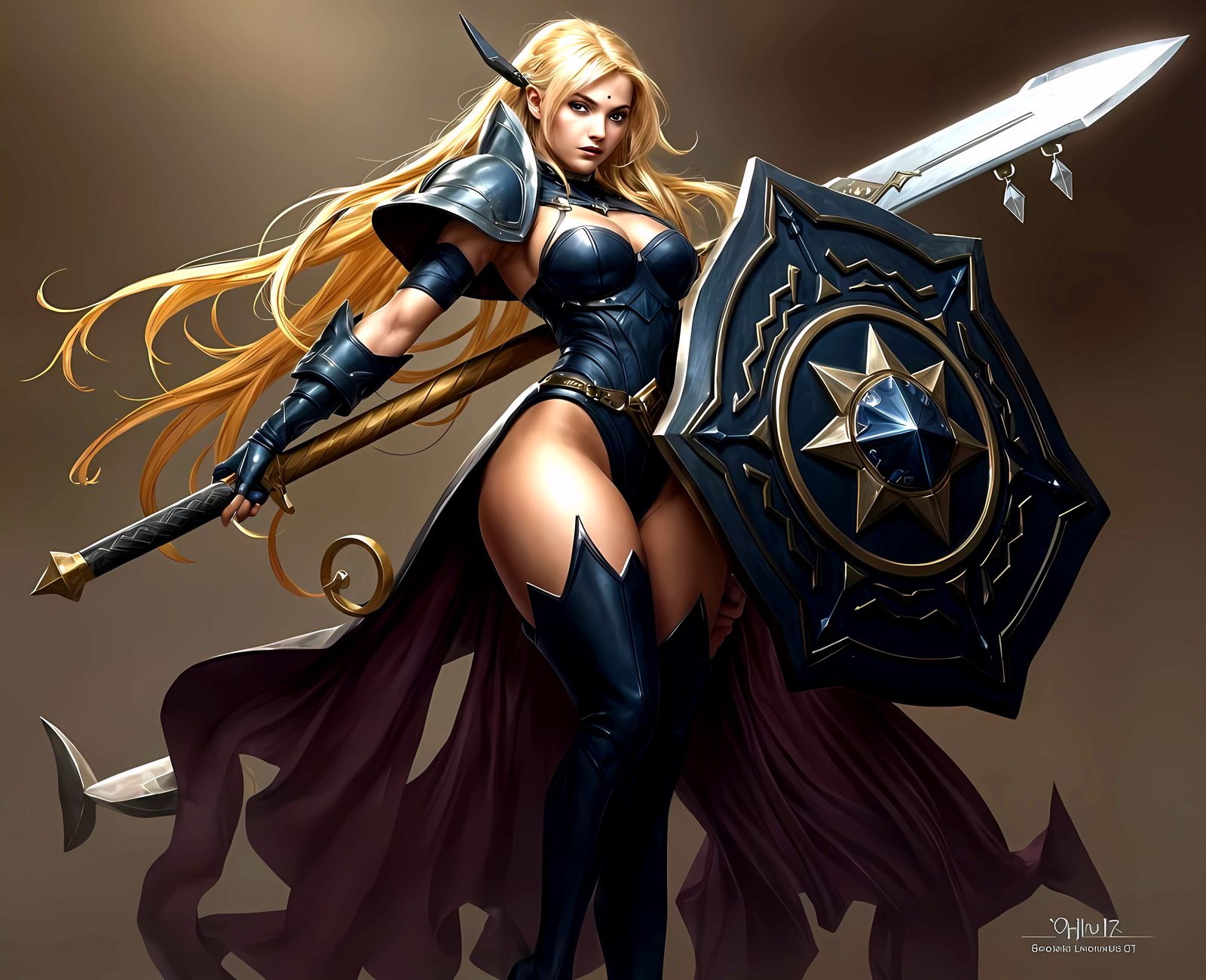 Imposing Blonde Warrior Villain with Sword and Shield