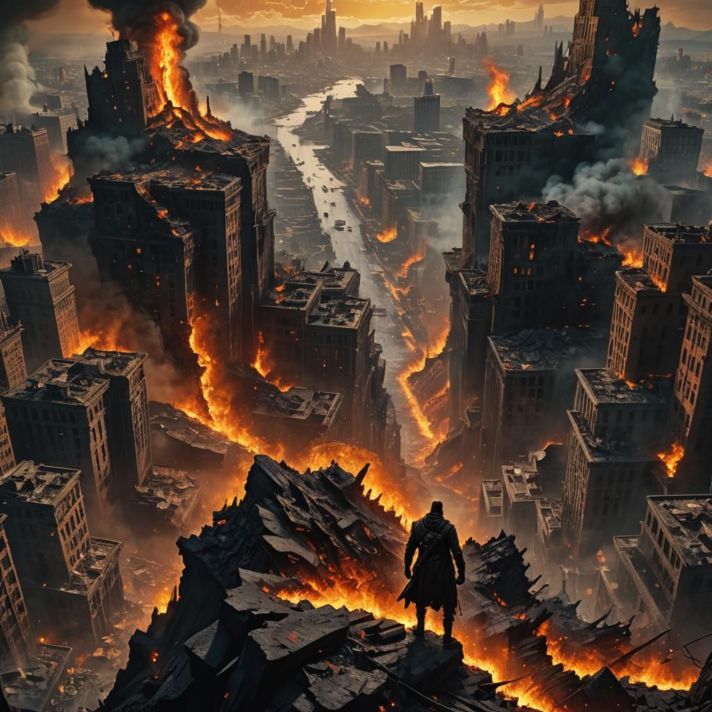 Hellwalker Over Burning Cityscape: Dramatic Digital Matte Pa...