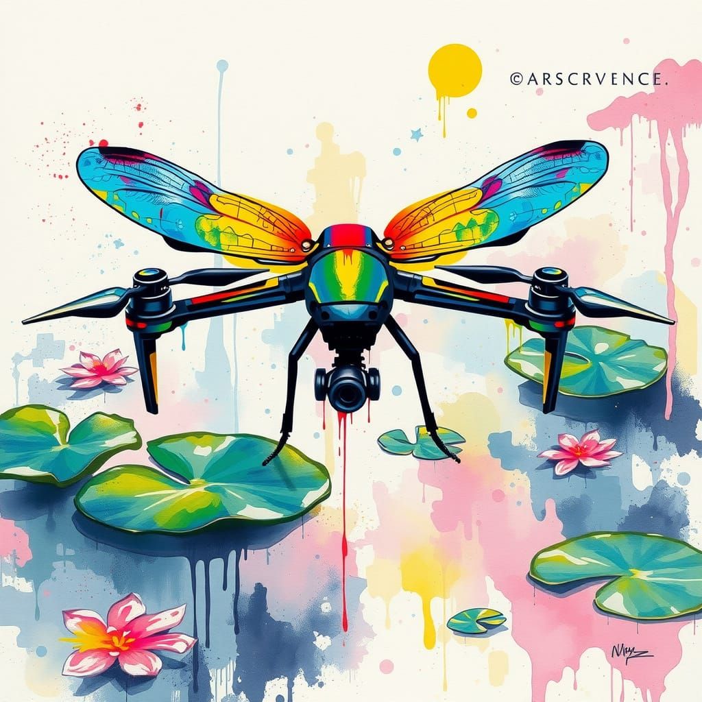 Graffiti Dragonfly Drone Above Lily Pads