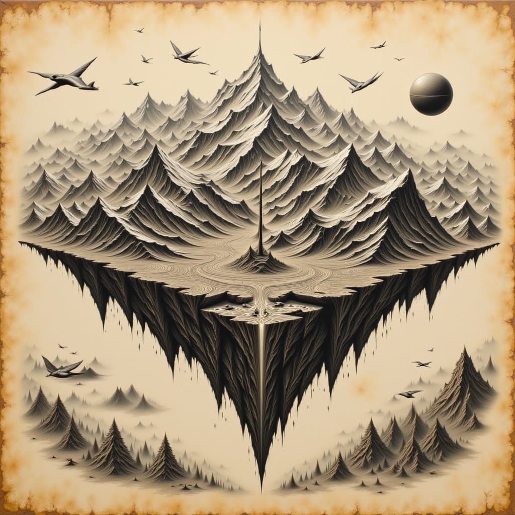 Floating Himalaya Islands in 15th Century Codex Style