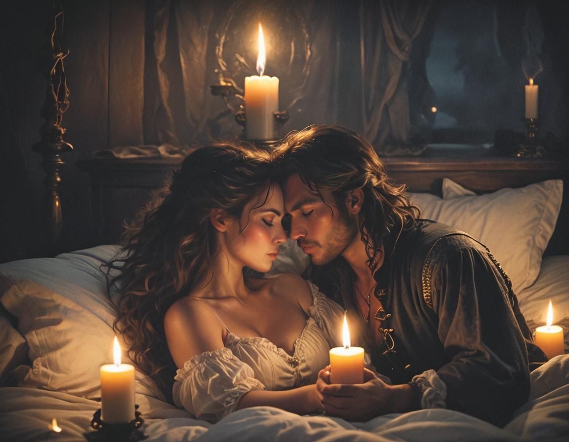 Candlelit Kiss in a Cozy Bedchamber