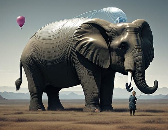 Surreal Balloon Elephant Hovers Above Desolate Land, Tethere...