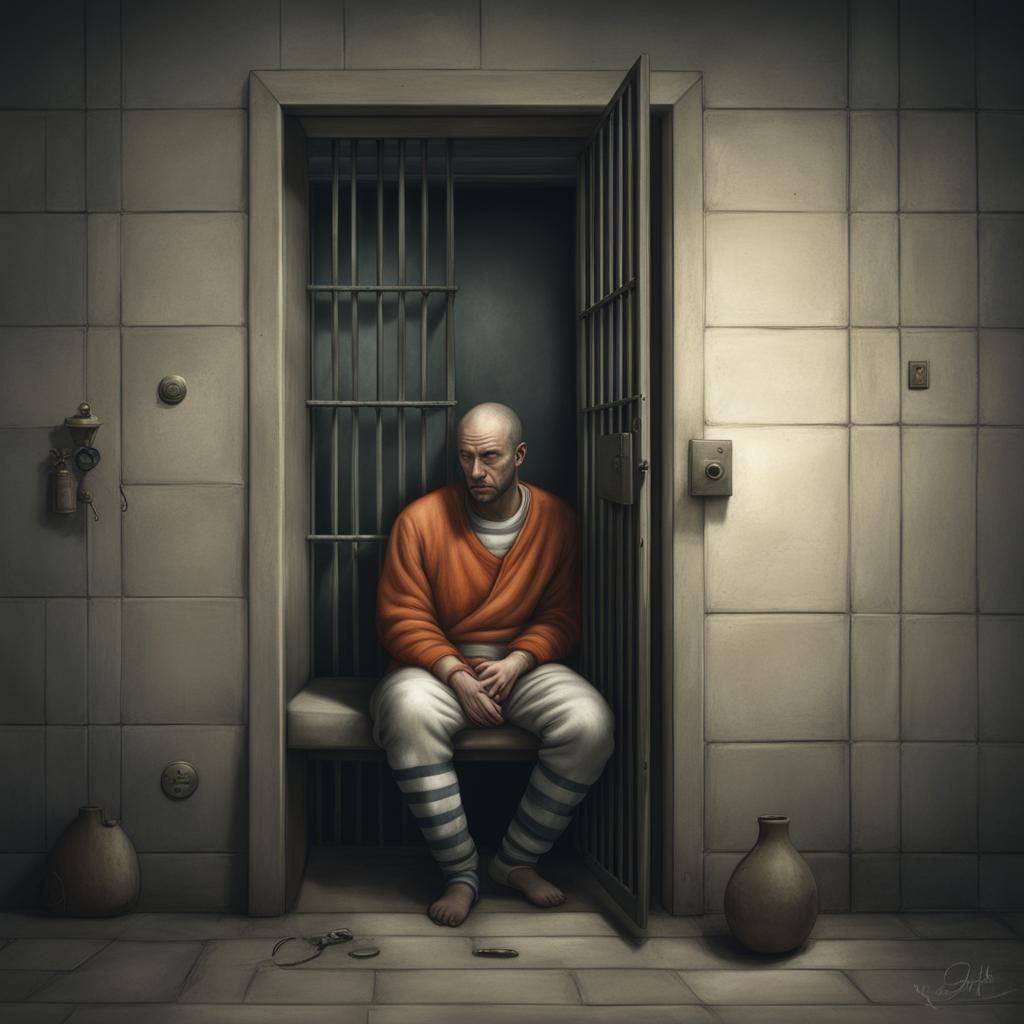 Confused Man in Prison Cell in Ceccoli Style