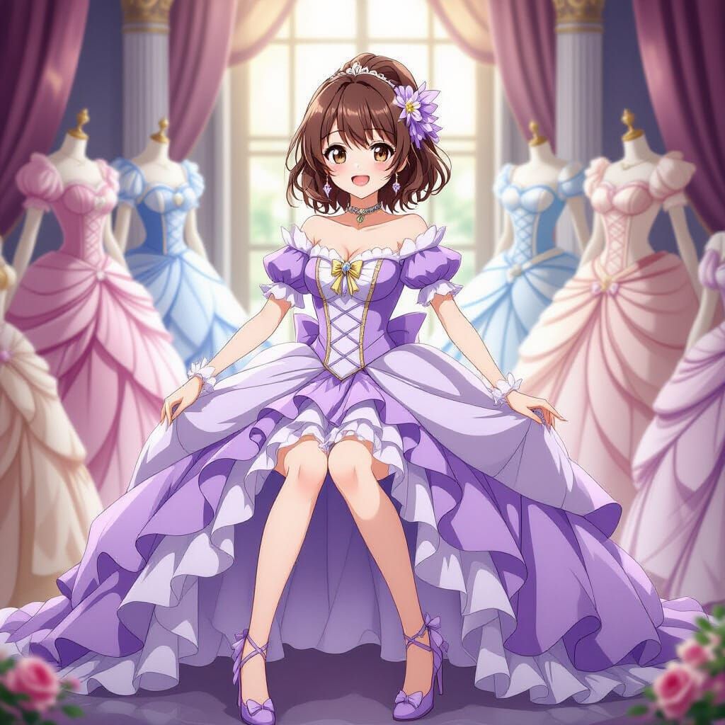 Anime Princess Tries On Voluminous Lilac Dress