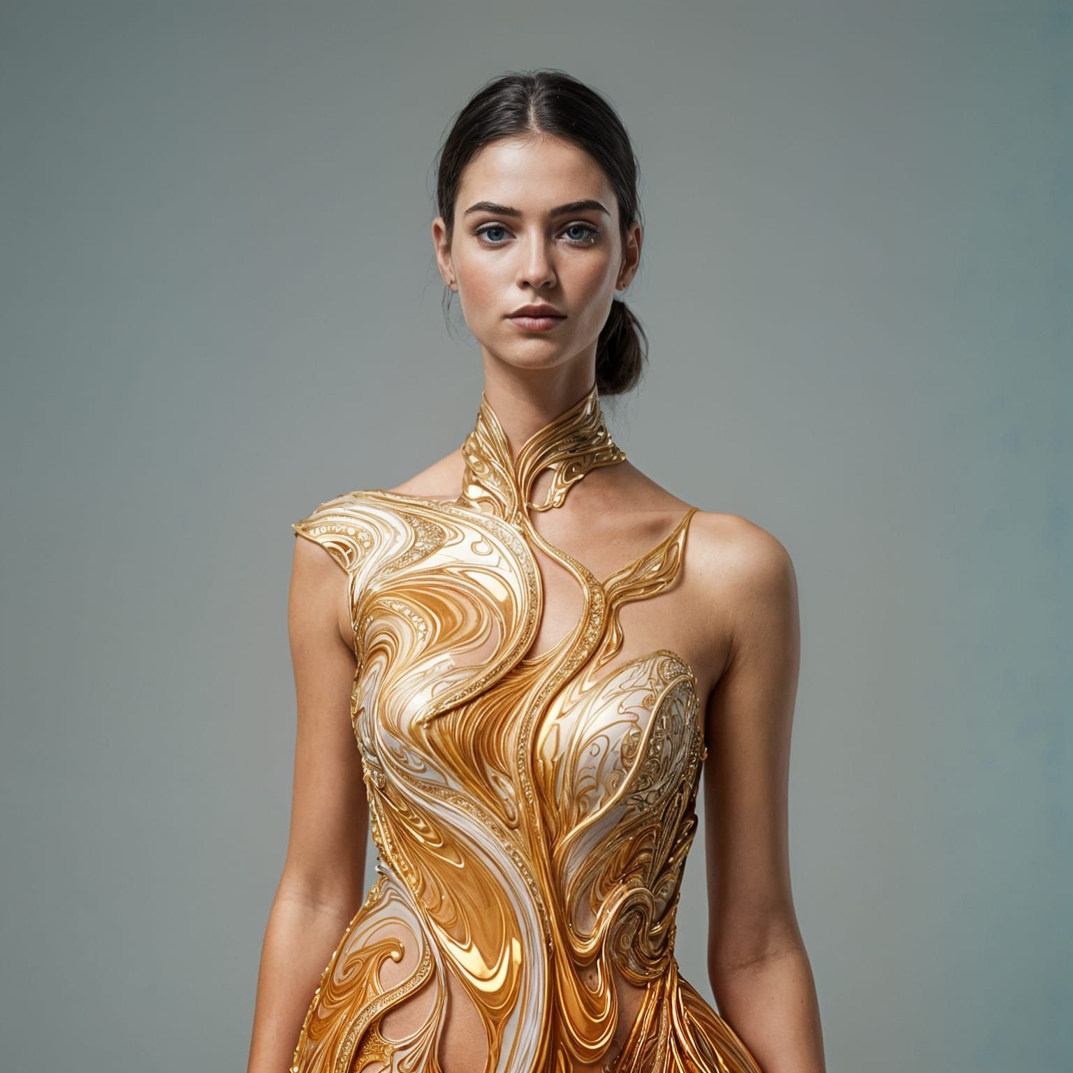 Hyperrealistic Woman in Shimmering Liquid Dress