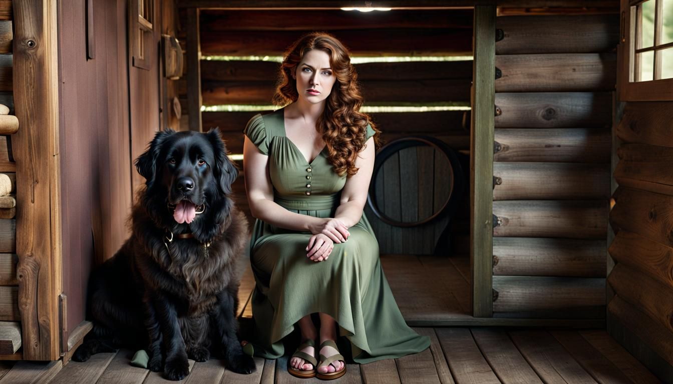 Woman with Newfoundland Dog in Rustic Cabin