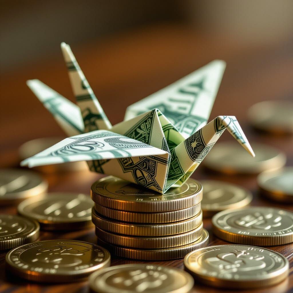 Origami Dollar Crane on Vintage Coins