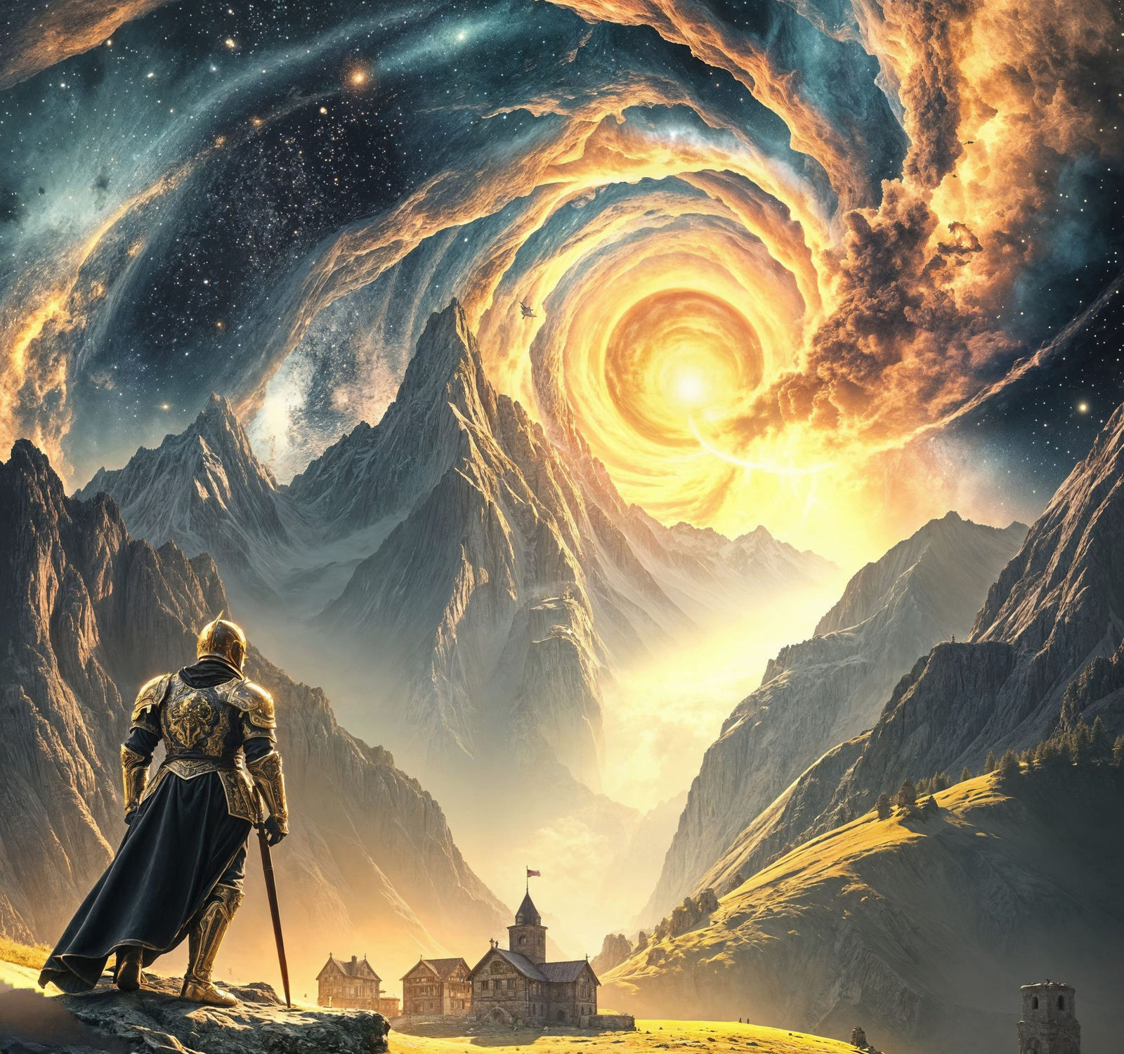 Knight Before Cosmic Book in Surreal Dolomites