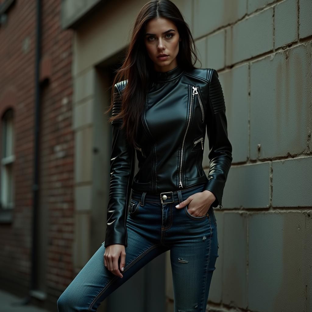 Confident Woman in Leather Jacket Posing