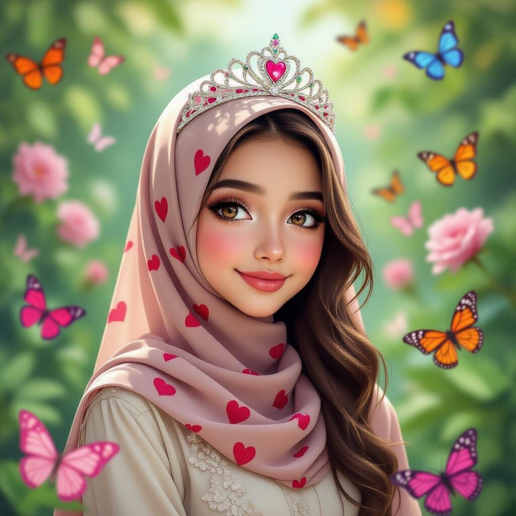 Girl in Heart Hijab in Butterfly Garden