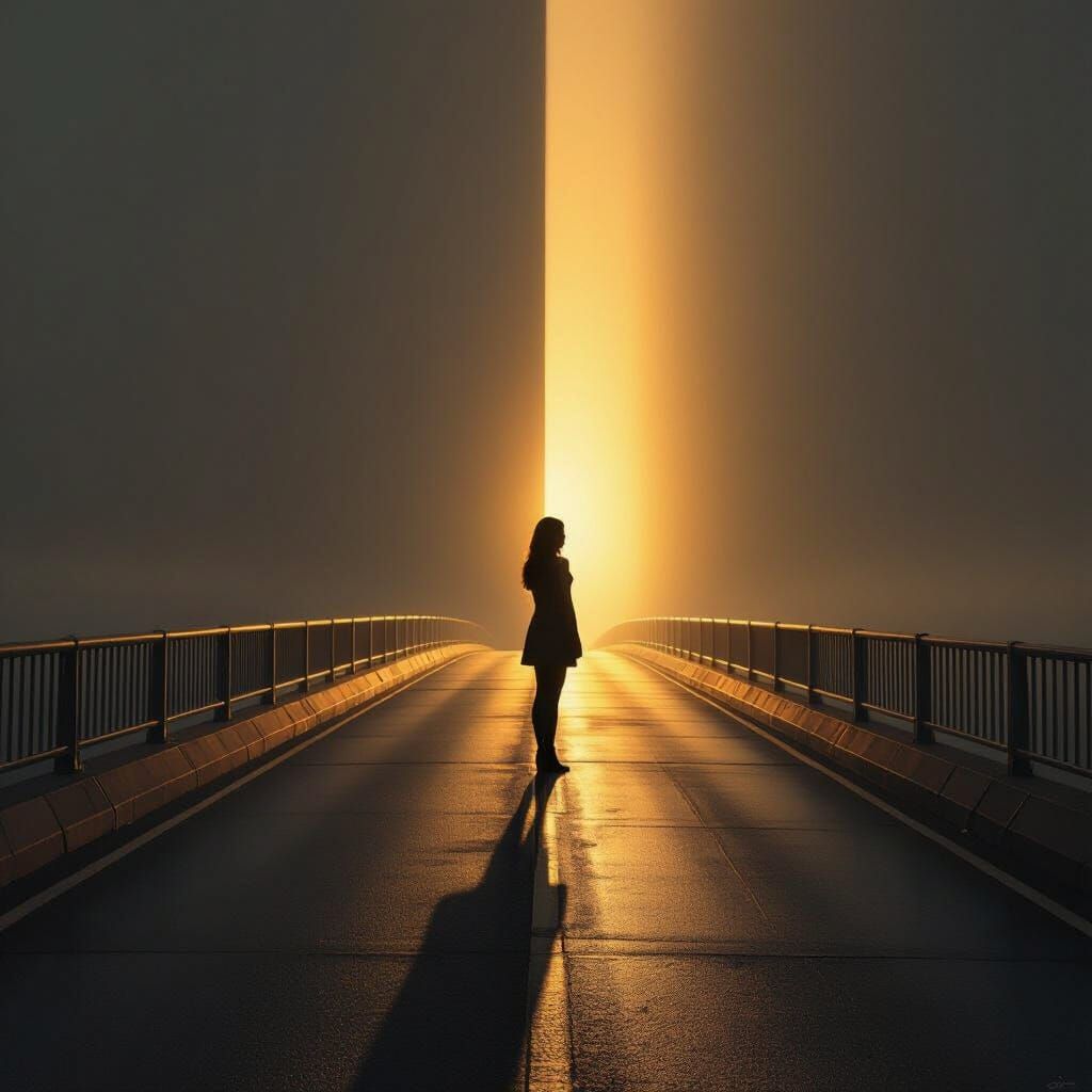 Woman Centered on Bridge Between Light and Shadow