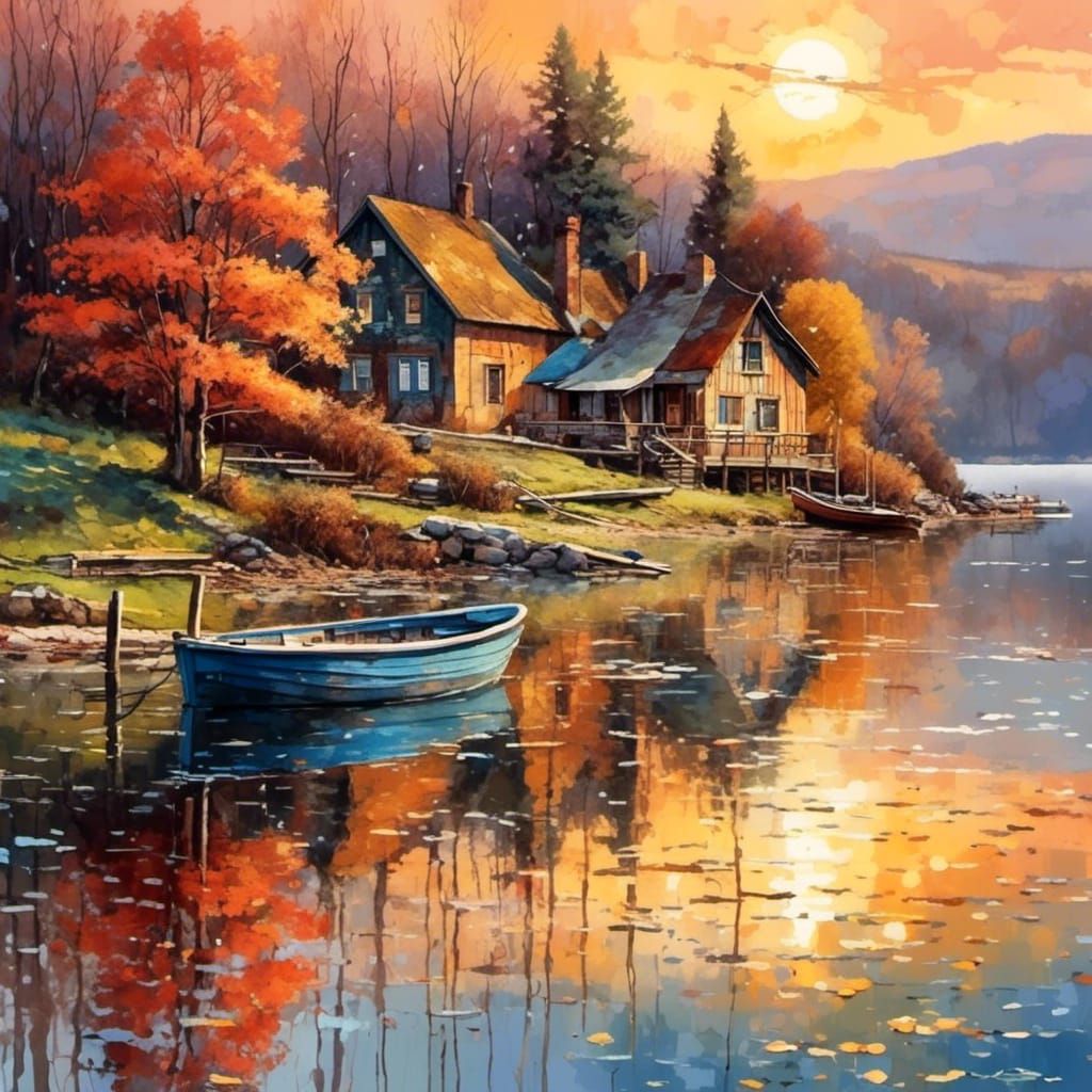 Spring Sunrise Over Lake in Watercolor Style