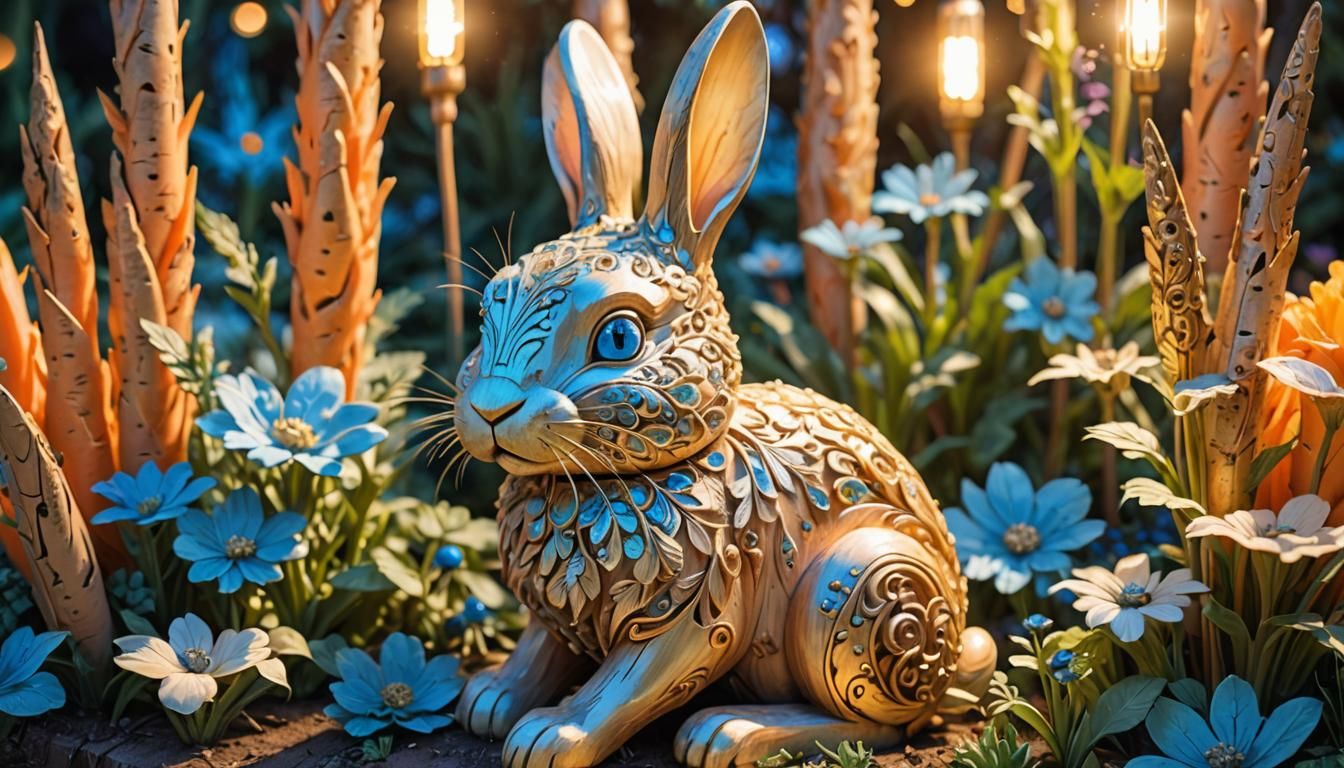 Enchanted Wooden Rabbit Sculpture in Carrot Garden