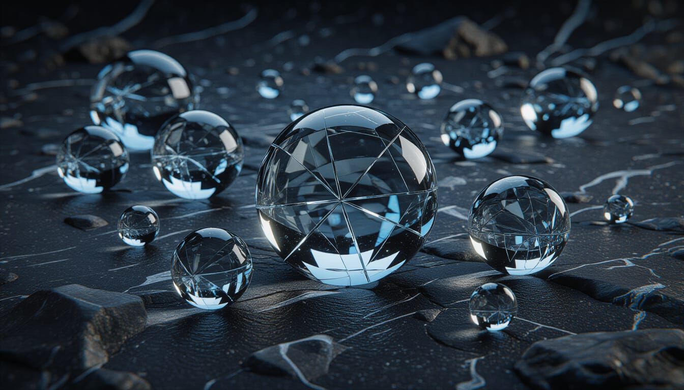 Cracked Glass Orbs on Rocky Surface in Cinematic Style
