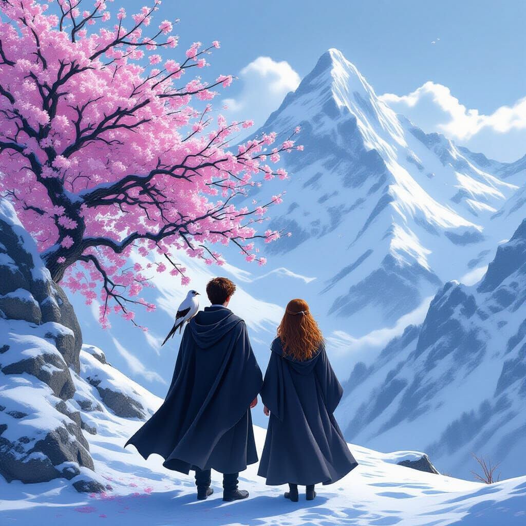 Harry Potter & Hermione Facing Screen on Snowy Peak