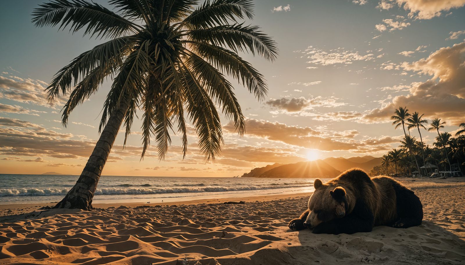 Bear Asleep Under Palm Tree at Sunset