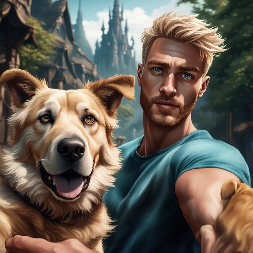Blonde Man's Selfie with Dog: Fantasy Concept Art