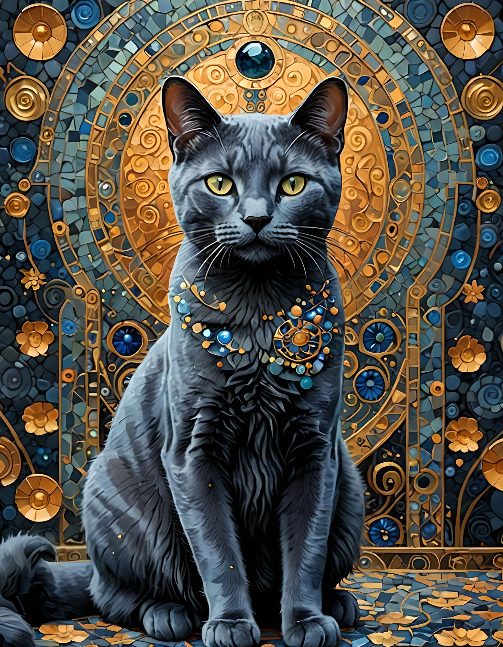 Russian Blue Cat in Art Deco Klimt Style