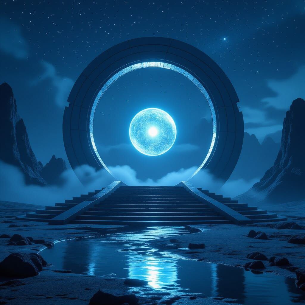 Futuristic Ring Gate on Alien Planet with Stone Staircase