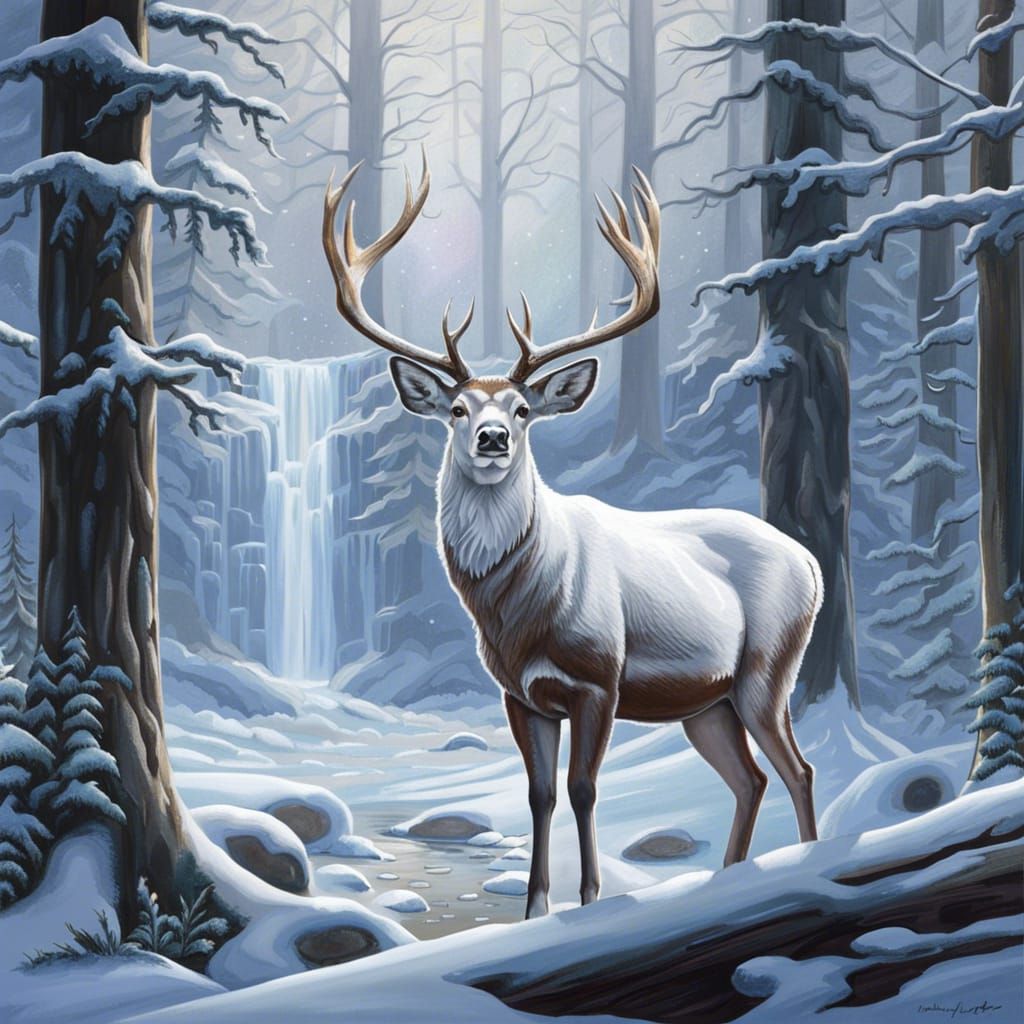 White Buck in Snowy Forest Glade