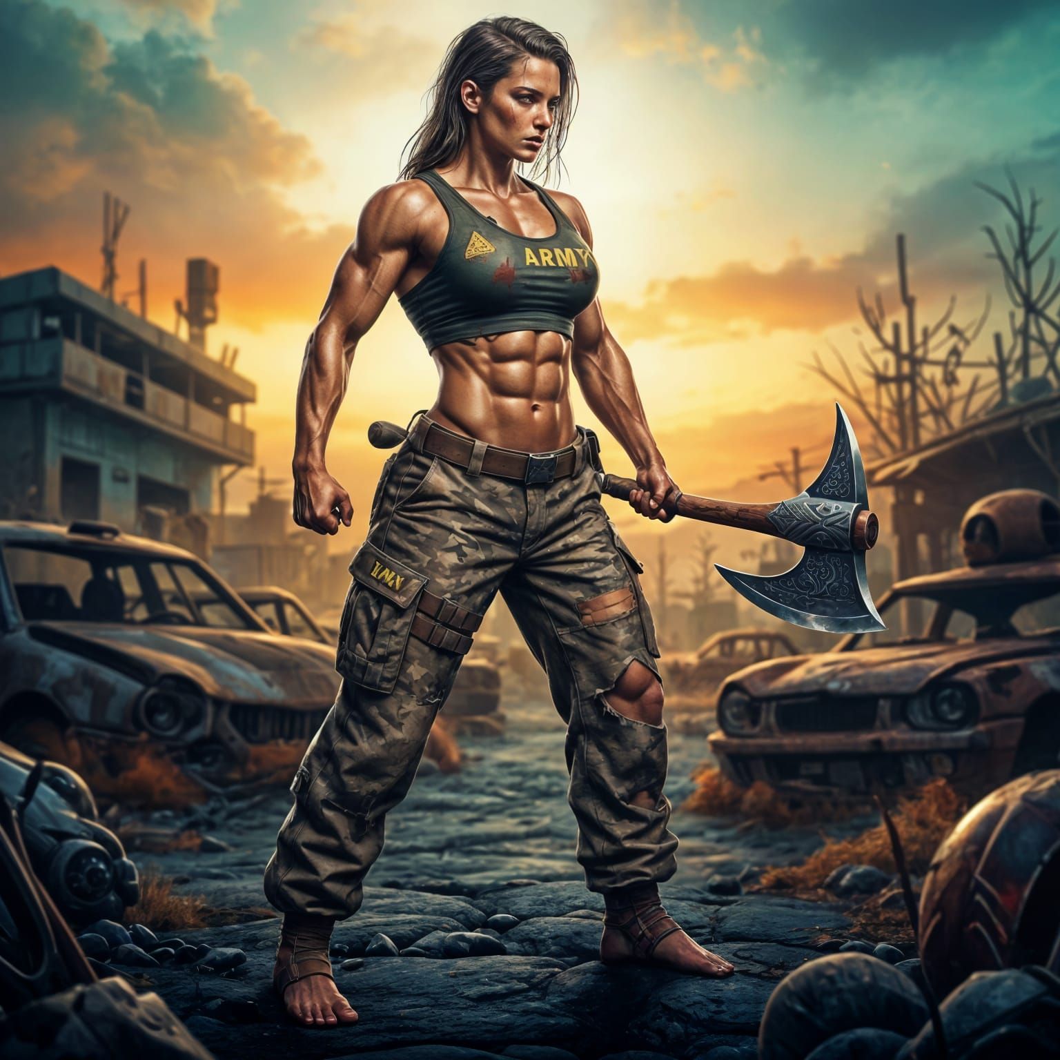 Battleaxe Warrior Woman in Hyperrealistic Style