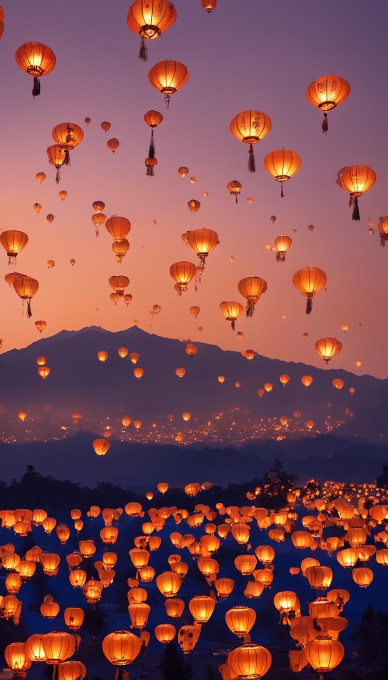 Lanterns Fly at Dusk Before the Himalayas