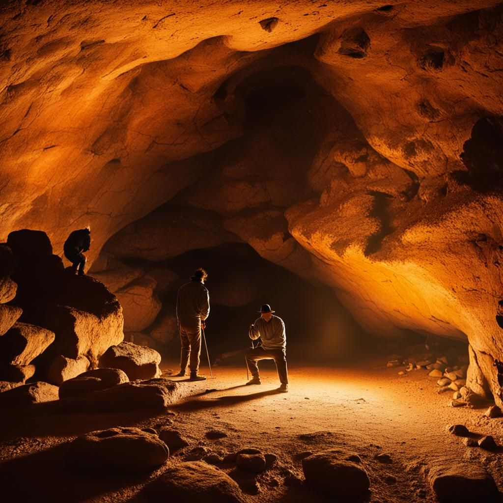 Paleolythic era, huge cave interior, cro-magnon man's silhouette, cave paintings cover interior of the cave, sunset gold...