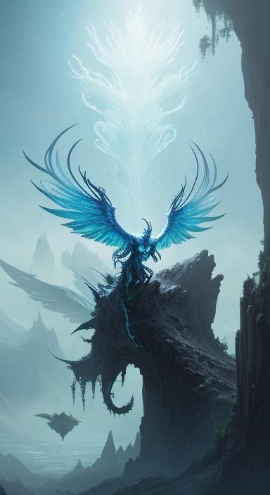 Alien Bird Creature on Iridescent Branch: Fantasy Art