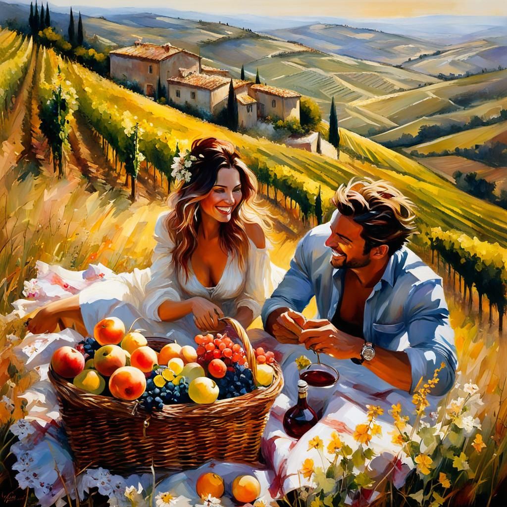 Romantic Picnic in Tuscany: Dramatic Oil Painting