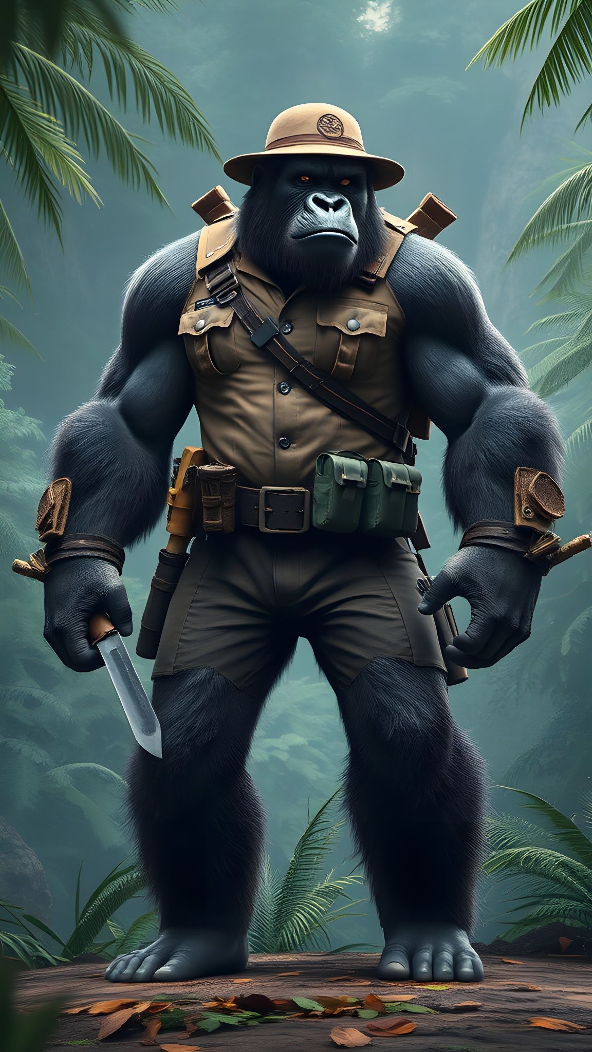 Ranger-Gorilla Hybrid in Lush Jungle Setting