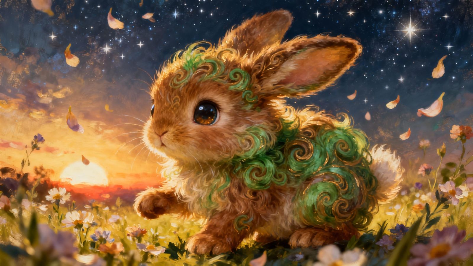 Cute Fluffy Baby Bunny in Starry Sunset