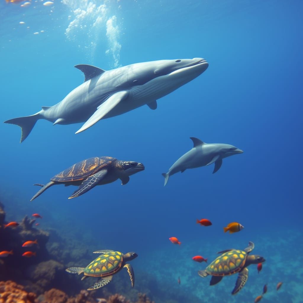 Underwater Scene with Whale, Dolphin and Fish