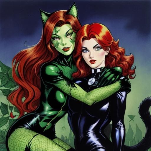 Catwoman and Poison Ivy Hug in Comic Book Style