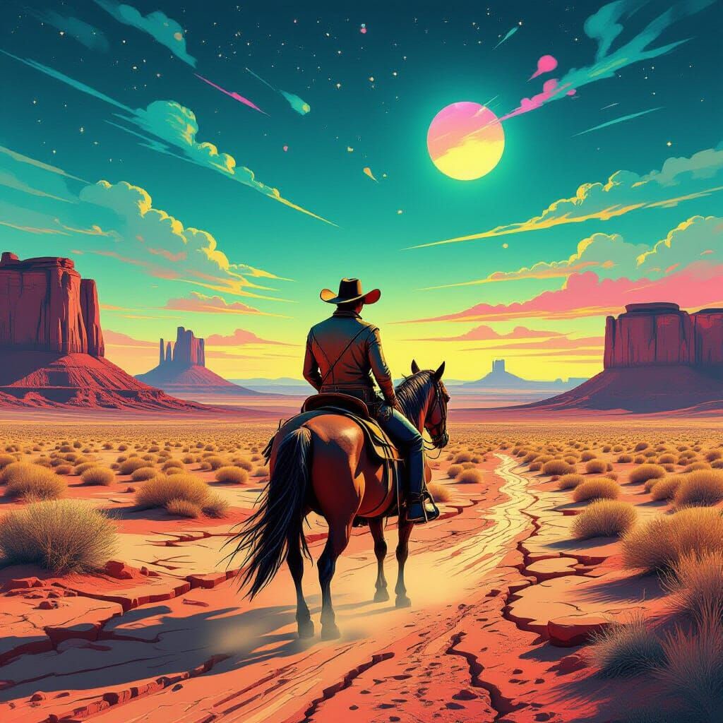 Surreal Cowboy Rides Through Neon Desert Landscape