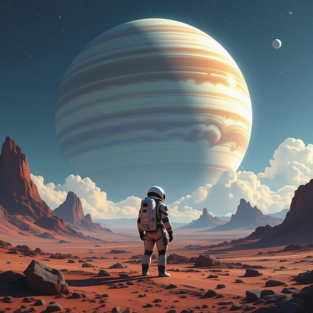 Astronaut Gazes at Ringed Gas Giant on Alien World