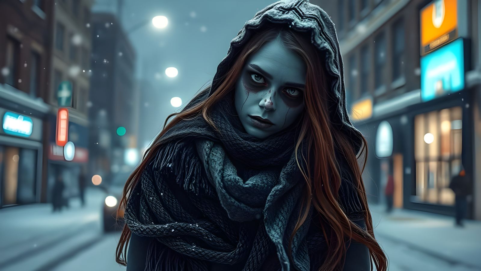 Hyperrealistic Zombie Girl on a Winter Night