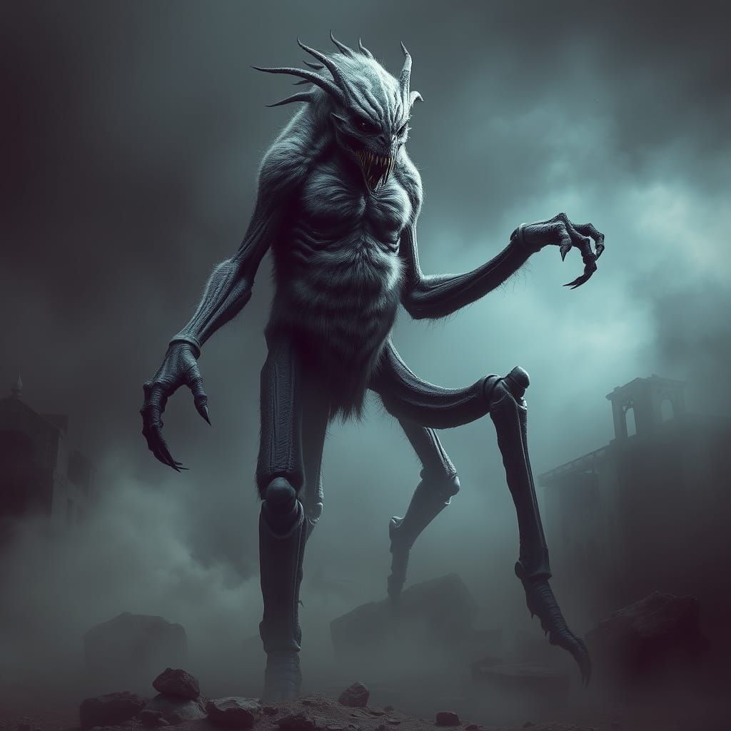 The human-sized eyeless grey creature Aunt Beast, who has six legs and a furry torso, sci-fi illustration in the style o...