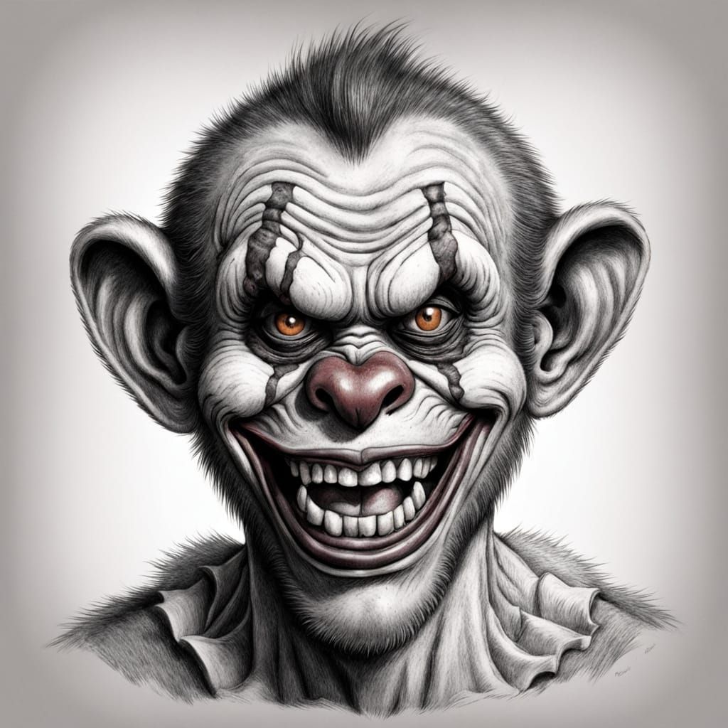 Frightening Pencil Sketch of a Zombie Monkey Clown
